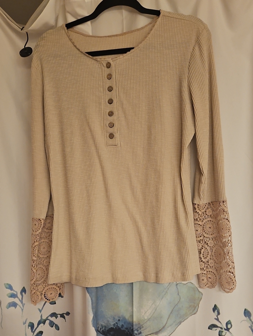 Women's Cream Ribbed Henley Top with Lace Bell Sleeves